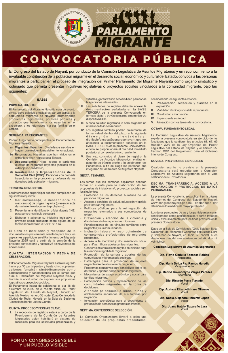 Congreso de Nayarit lanza convocatoria para integrar el Primer Parlamento del Migrante Nayarita