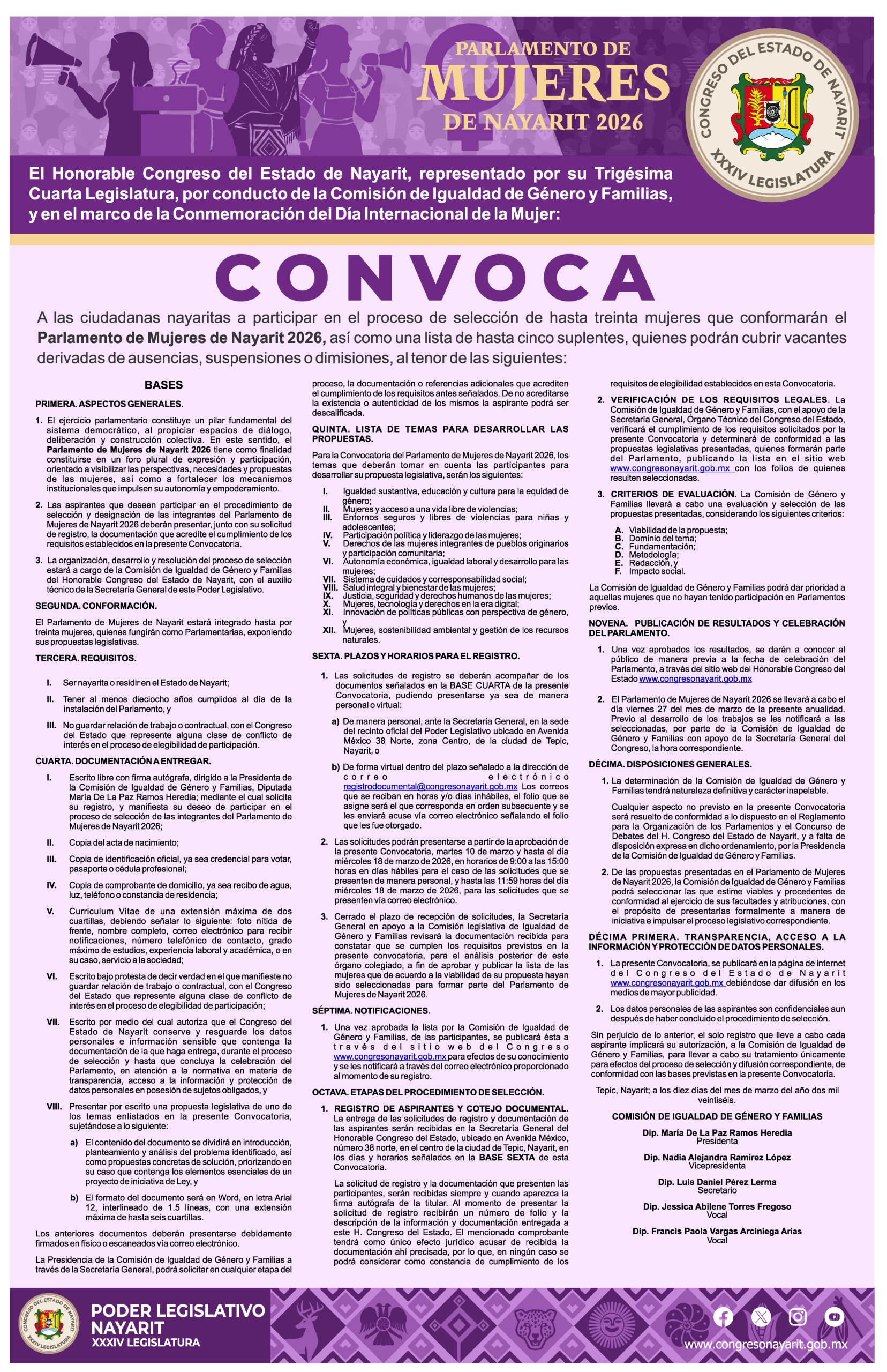 Congreso de Nayarit lanza convocatoria para el Parlamento de Mujeres 2026