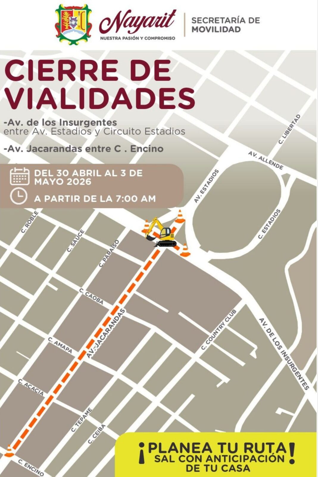 Anuncia Gobierno de Nayarit cierre vial en Jacarandas e Insurgentes
